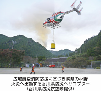 広域航空消防応援に基づき隣県の林野火災へ出動する香川県防災ヘリコプター（香川県防災航空隊提供）