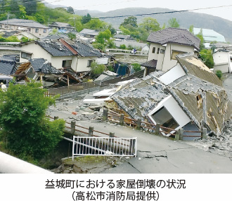 益城町における家屋倒壊の状況（高松市消防局提供）