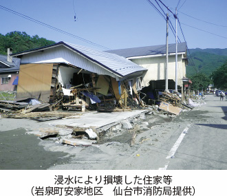 浸水により損壊した住家等（岩泉町安家地区　仙台市消防局提供）