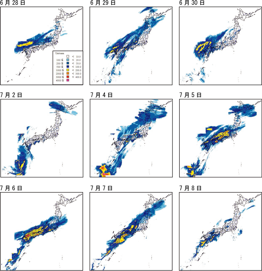 特集1-1図　「平成30年７月豪雨」の日降水量（解析雨量）（期間：６月28日〜７月８日）