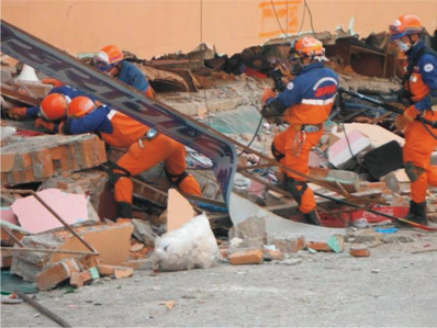 ゴンガブ地区での1階、2階が座屈したホテルにおける高度救助資機材を使用した捜索救助活動ネパール地震災害（平成27年4月派遣）
