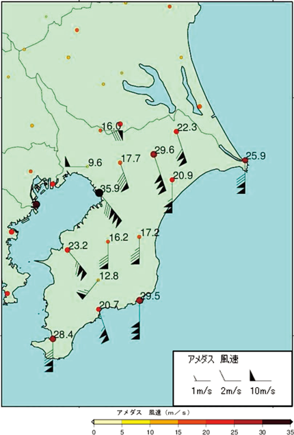 特集1-4図　最大風速・風向分布図（期間：9月8日10時～9日24時）