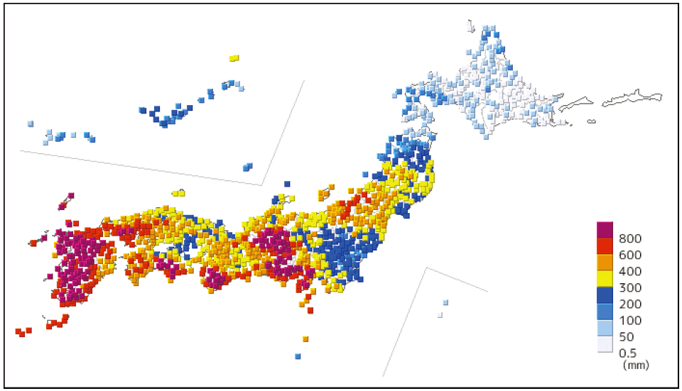 特集1-2図　降水量の分布図（期間：7月3日0時～31日24時）