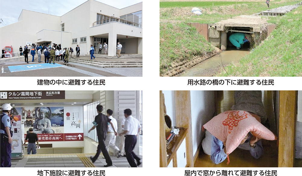 弾道ミサイル飛来時にとっていただきたい行動の例（避難訓練の場面から）