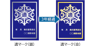 左：適マーク（銀） 3年経過→ 右：適マーク（金）